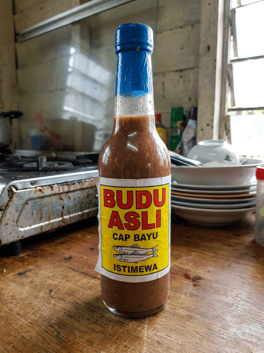 An ordinary phone photo of a bottle of homemade budu sauce